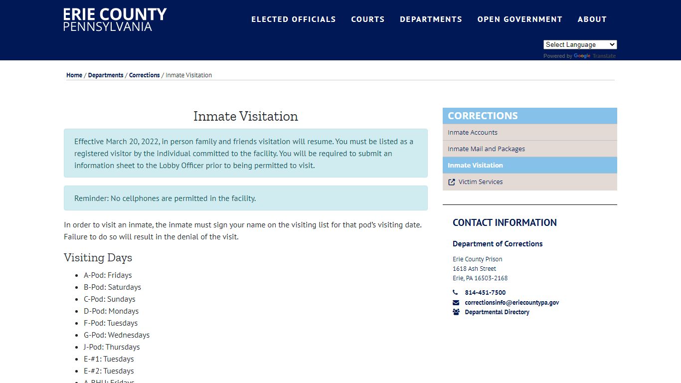 Inmate Visitation | Erie County, PA